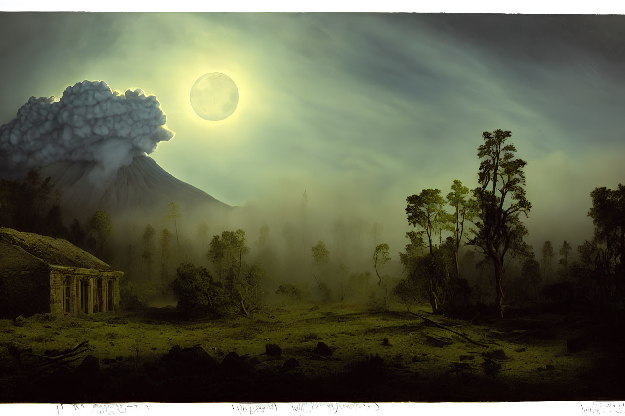Volcanic eruption scene with ancient ruin and full moon at night