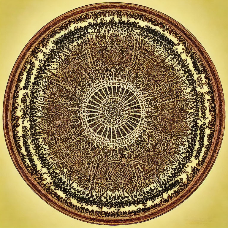 Circular Mandala with Symmetrical Patterns on Yellow Background