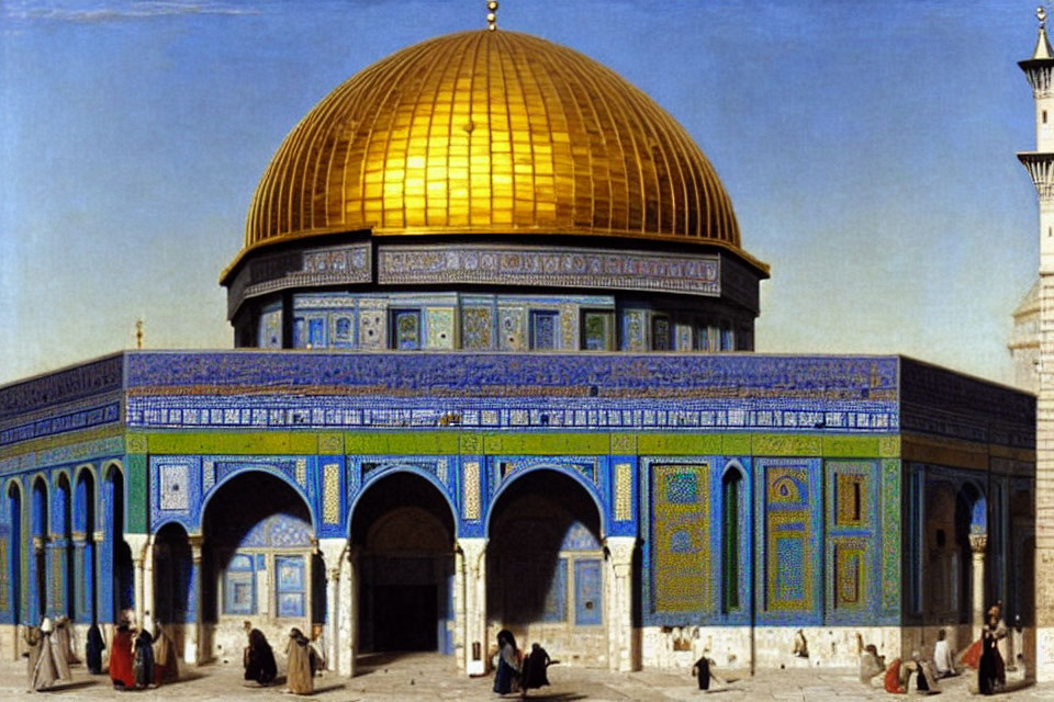 Golden Dome on Blue-Tiled Mosque with People Outside