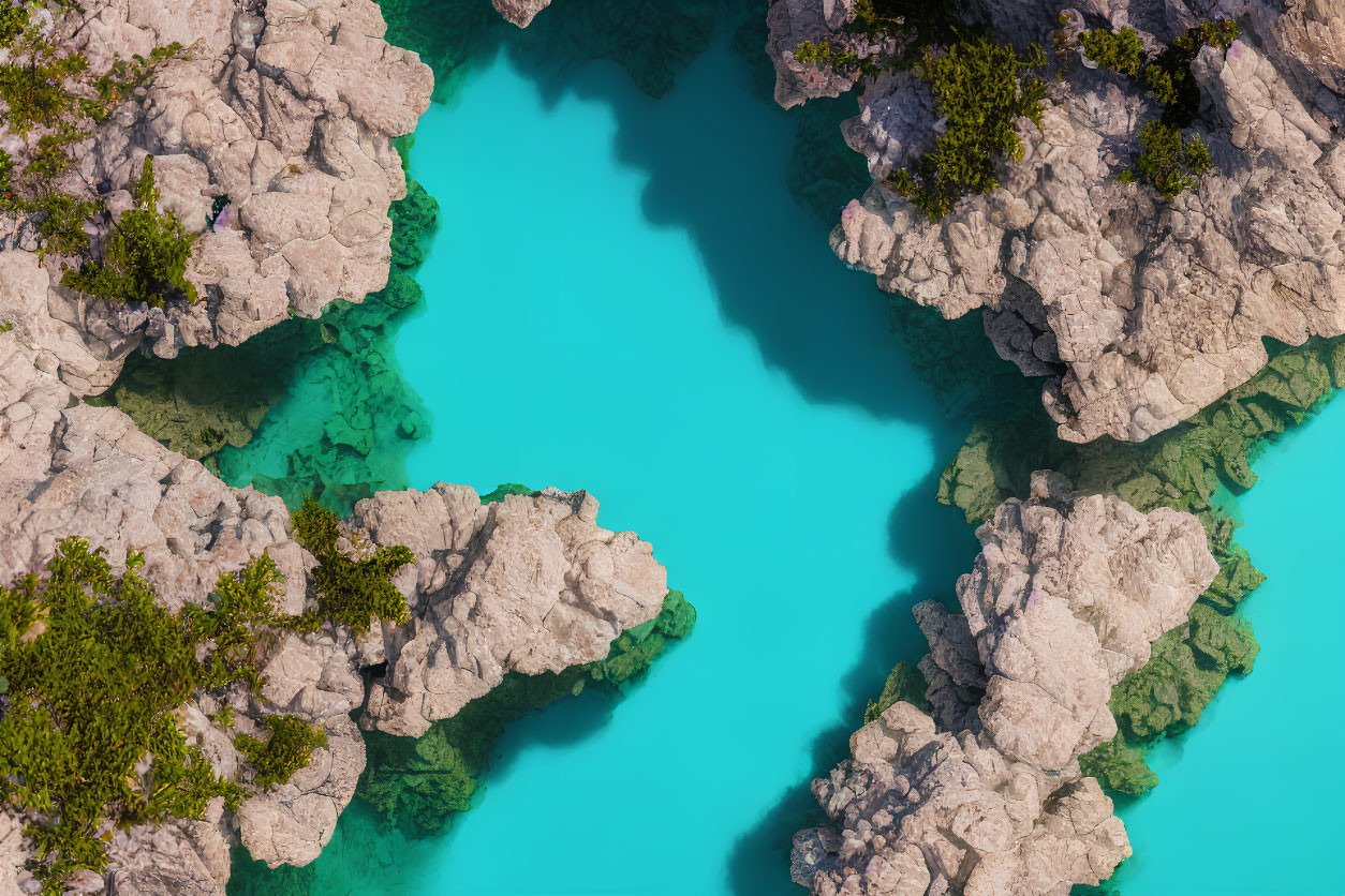 Turquoise Water Body Surrounded by Rugged Cliffs and Green Vegetation