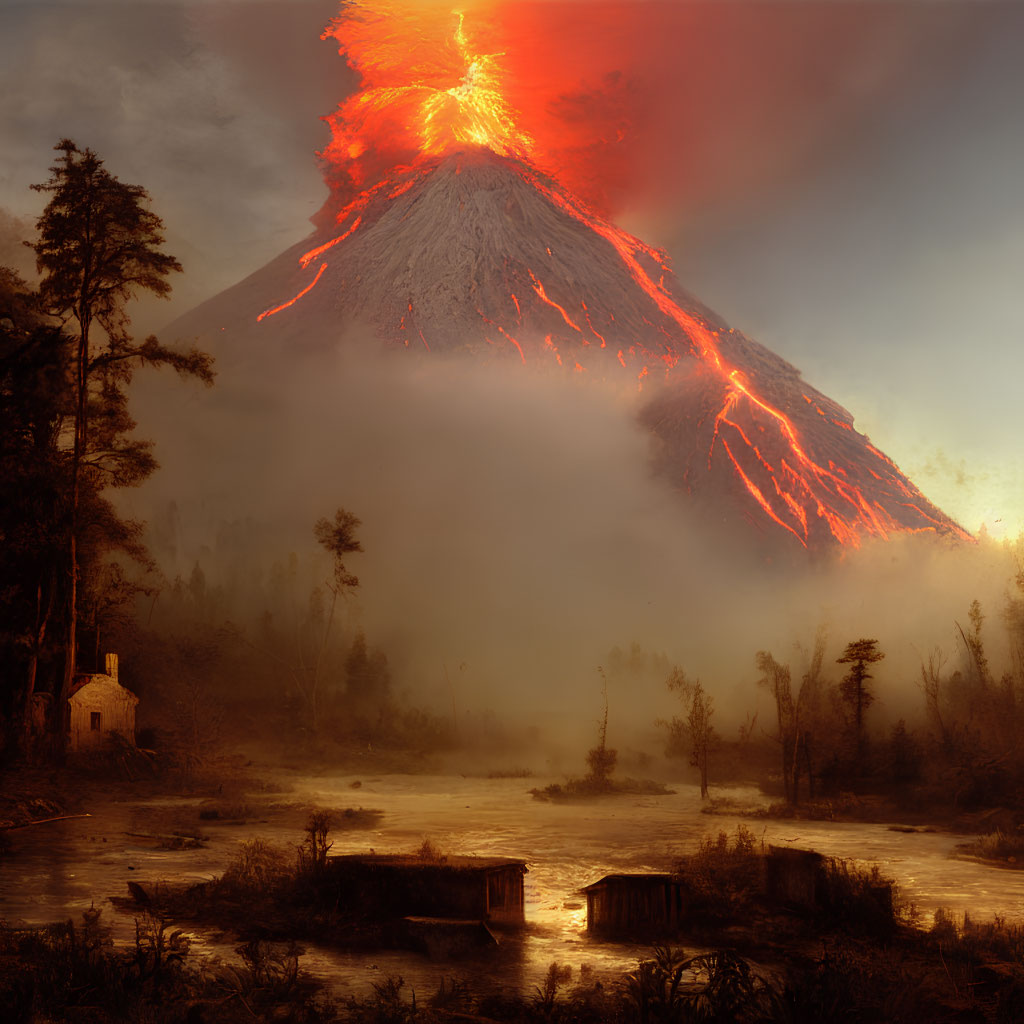 Erupting volcano with flowing lava near tranquil river and forested landscape