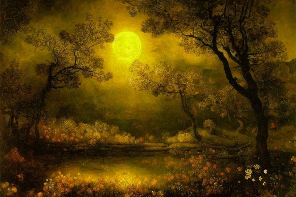 Enchanted forest painting with glowing full moon