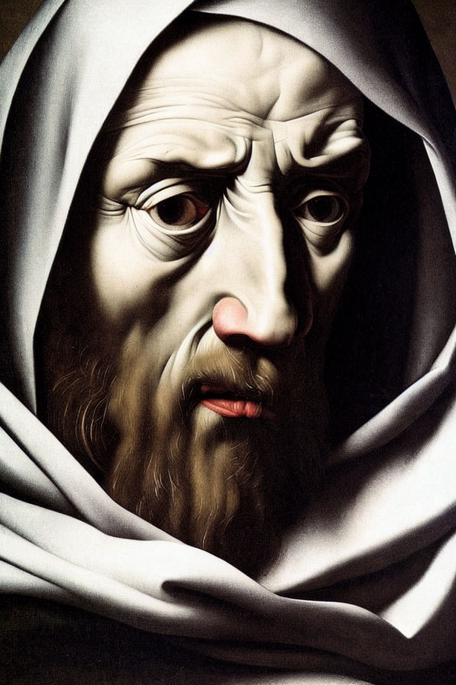 Detailed painting of elderly man with white hood, expressive eyes, and chiaroscuro lighting.