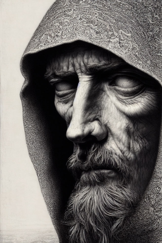 Detailed pencil drawing: Old man with hood, intricate fabric patterns, textured beard.