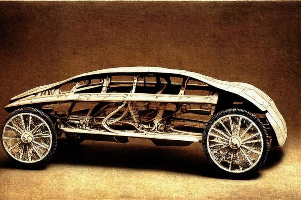 Intricate wooden car sculpture with spoke wheels on sepia backdrop