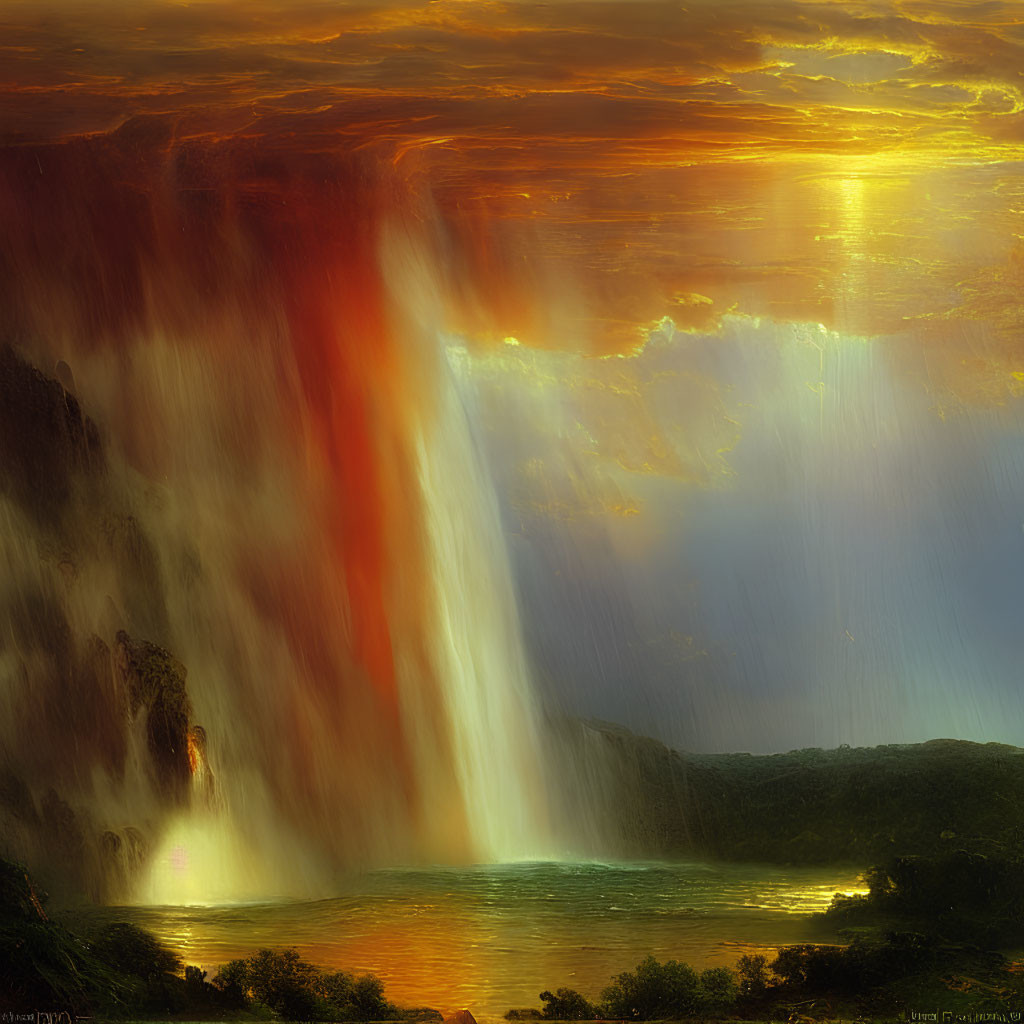 Vibrant sunset colors contrast with misty waterfall blues