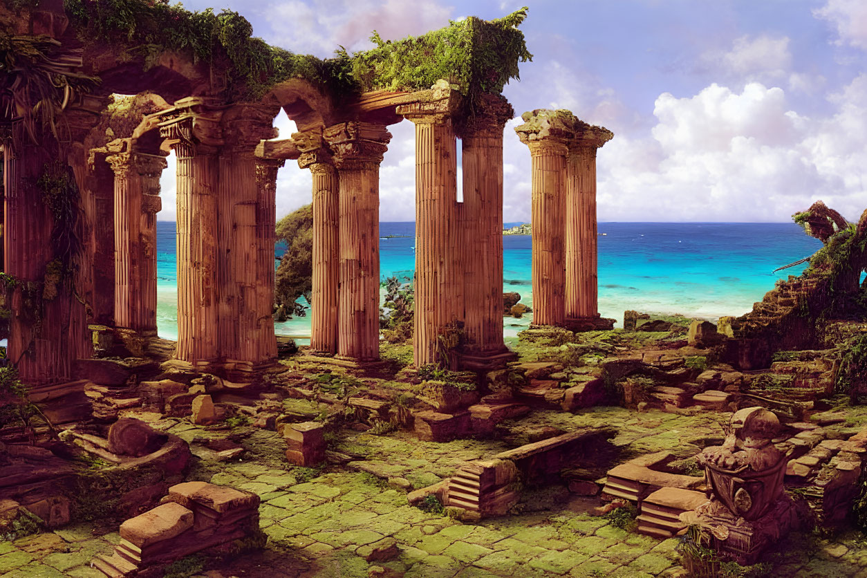 Ancient Greek-style ruins on beach with turquoise waters