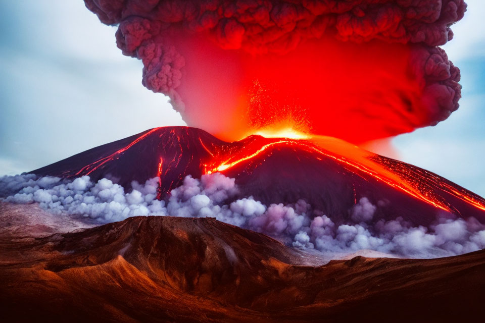 Fiery red lava flow and ash cloud in dramatic volcanic eruption