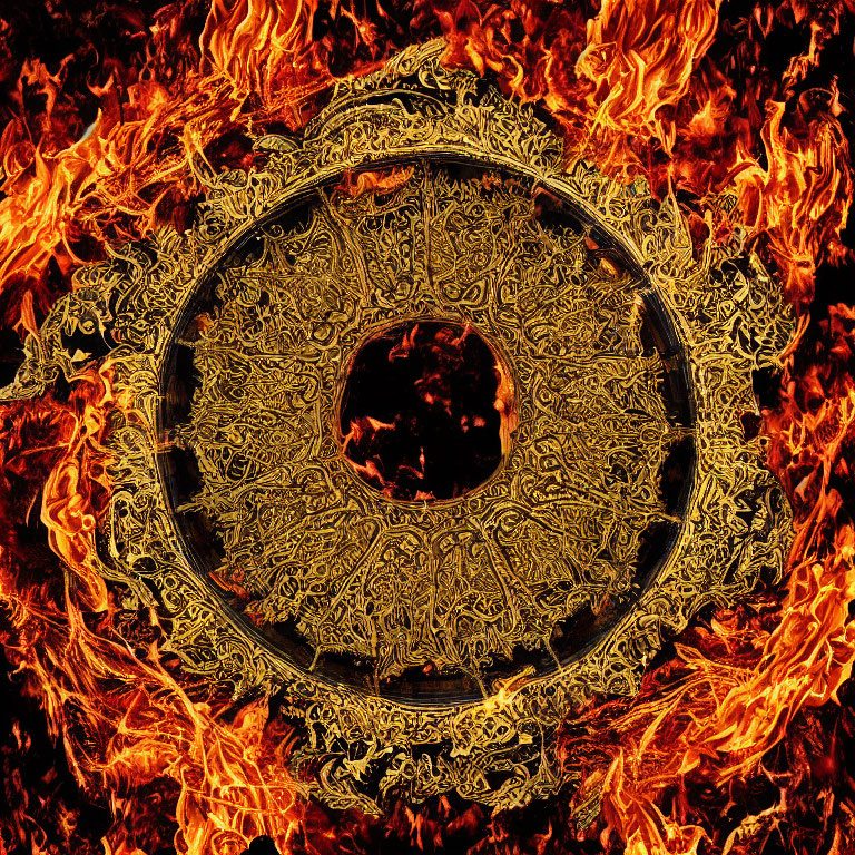 Intricate golden medallion engulfed in flames