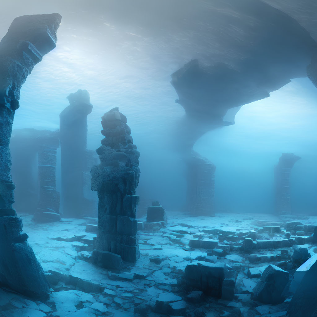 Enigmatic underground scene with stone pillars, icy ground, and ethereal blue light
