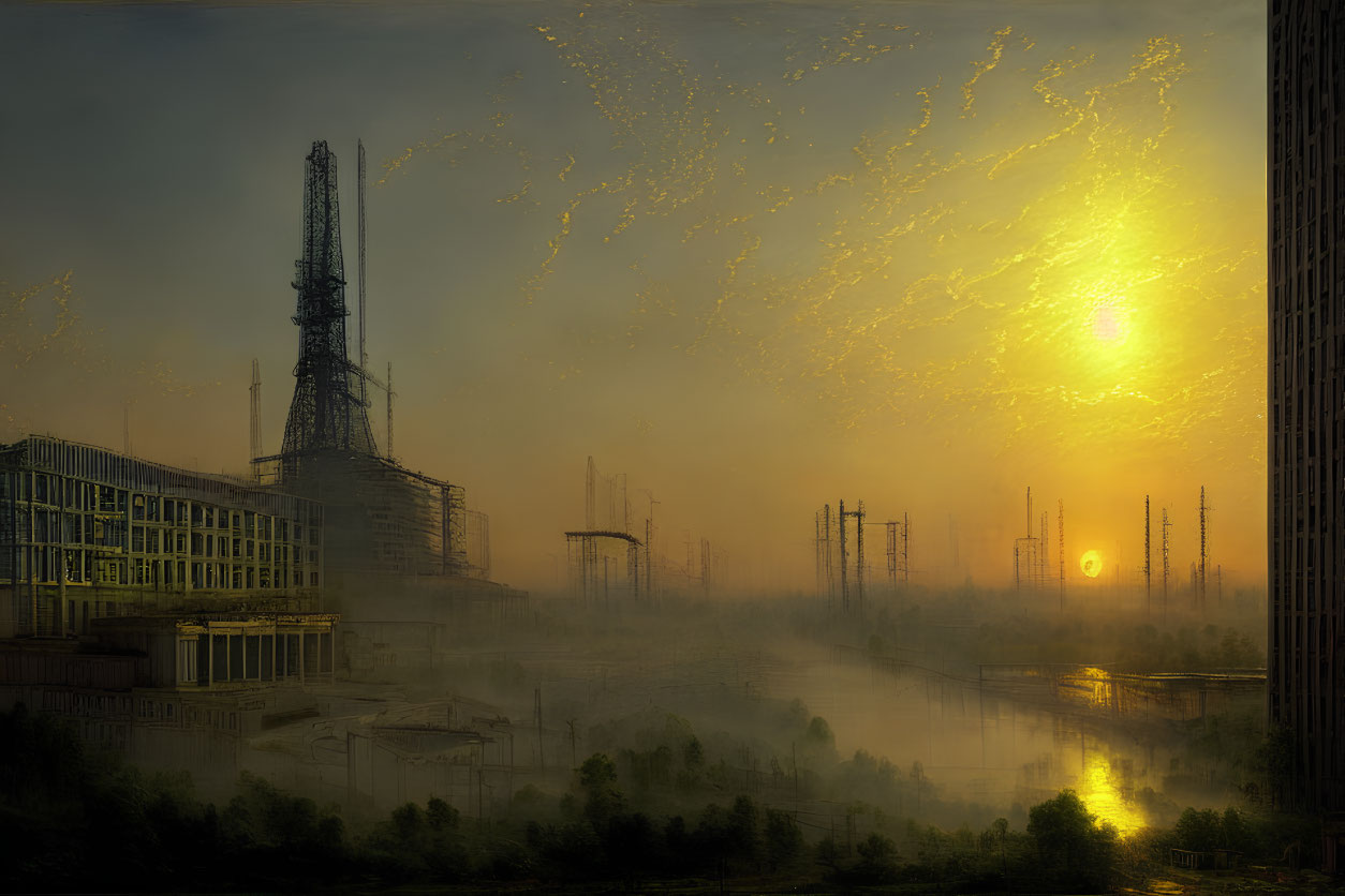 Sunrise industrial landscape with smokestacks, river, construction site, hazy sky, and birds