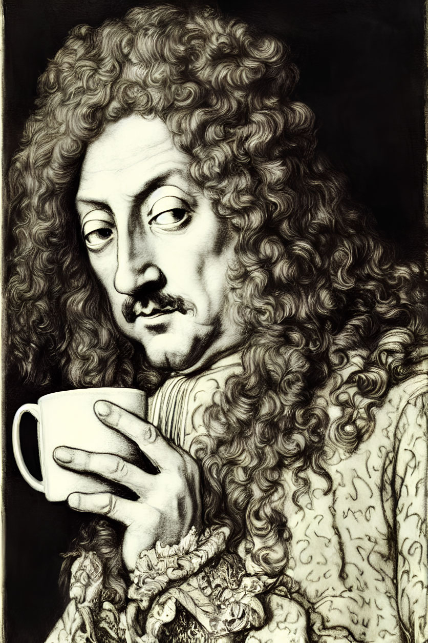 Detailed black and white illustration of person with long curly hair holding coffee cup