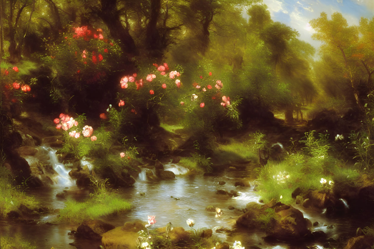 Tranquil landscape with stream, greenery, and pink blossoms