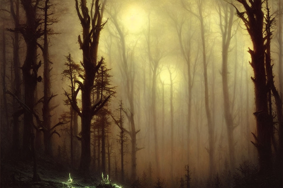 Mystical foggy forest with sun rays and bare trees