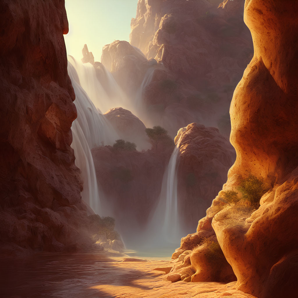 Serene landscape: Sunlit waterfall in lush canyon