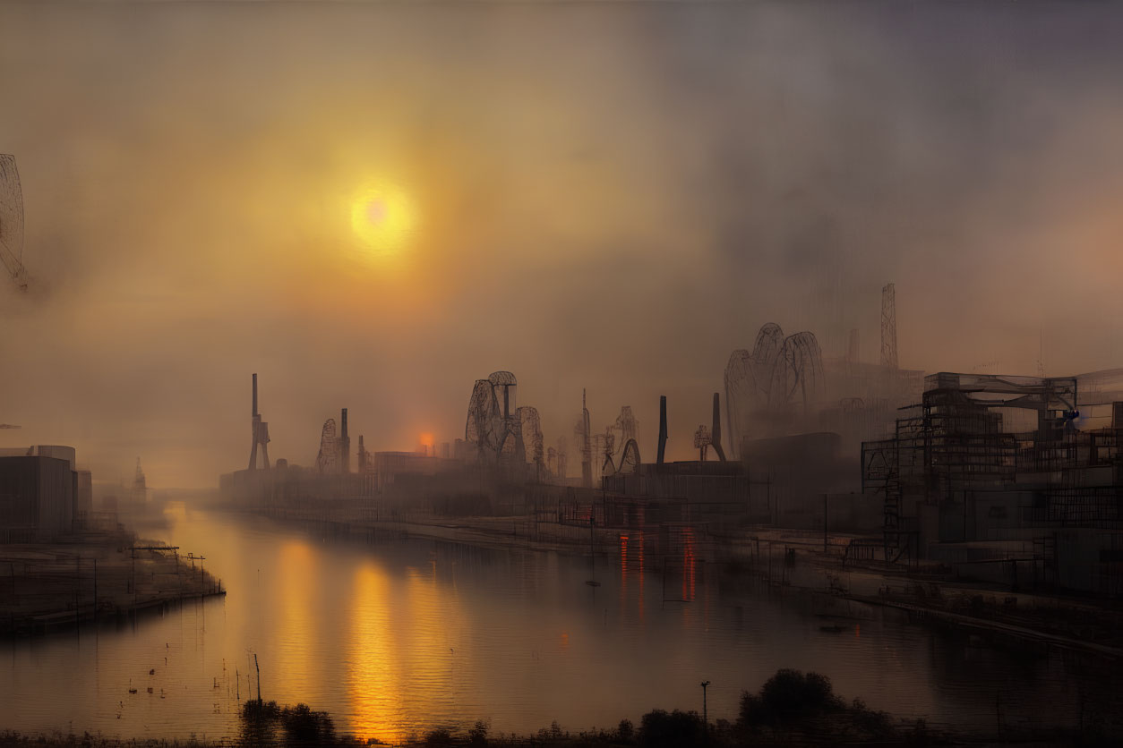 Industrial cranes and factories silhouetted against orange dawn sky.