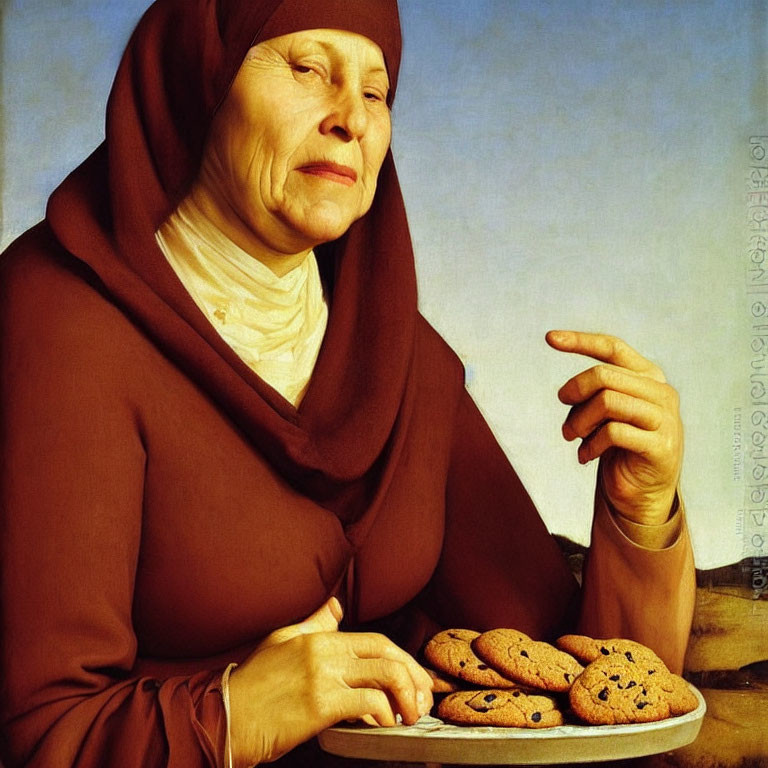 Elderly woman in brown headscarf smiling with chocolate chip cookies