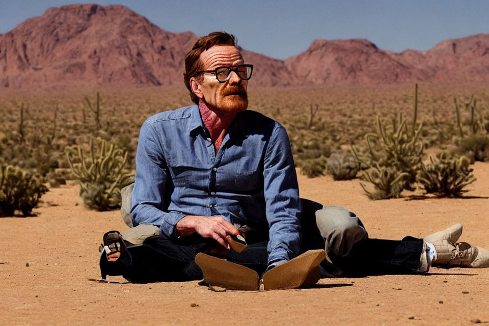 Man in Glasses Contemplating Desert Landscape