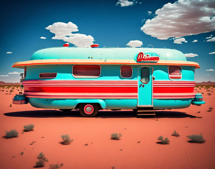Vintage Caravan in Turquoise and Pink Desert Scene