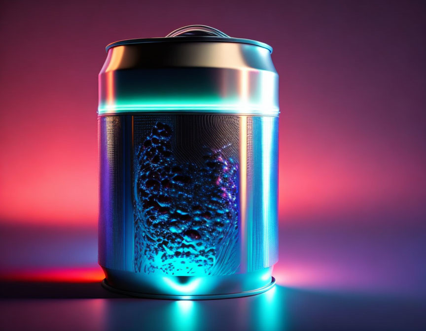 Blue LED-lit futuristic canister on vibrant pink and purple backdrop