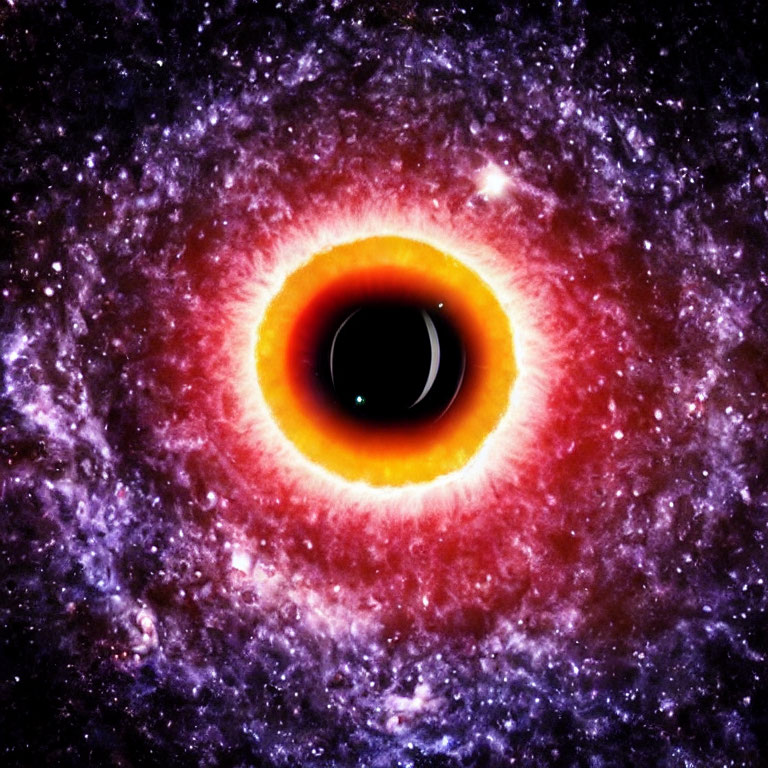 Colorful depiction of a black hole with radiant purple and red accretion disk