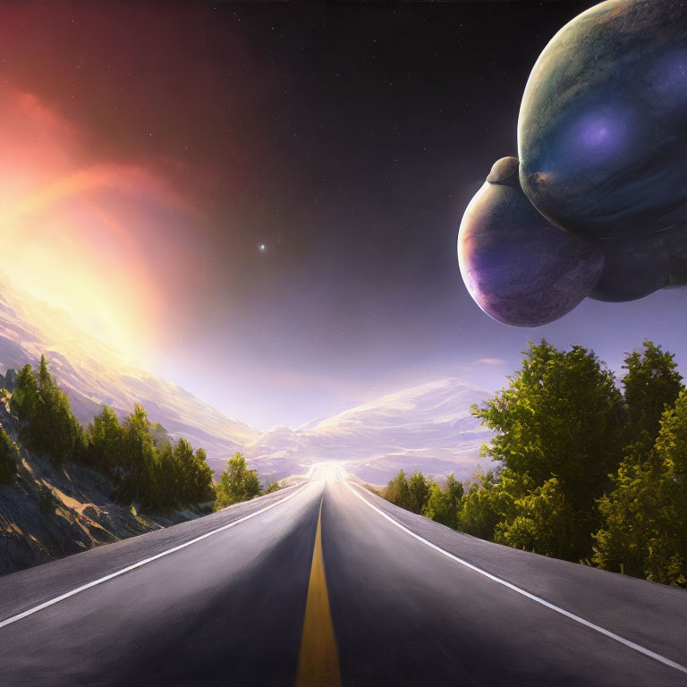 Straight Road Towards Horizon with Giant Planets in Sky Above Sunset Landscape