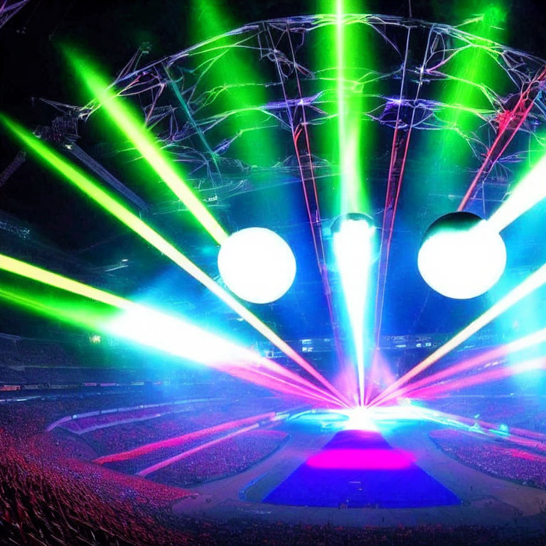 Colorful concert scene with green and pink lasers, glowing orbs, and packed stadium stage