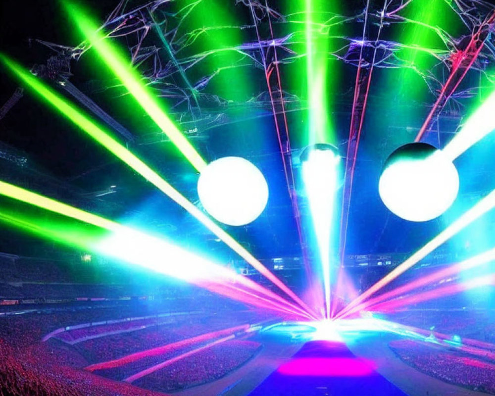 Colorful concert scene with green and pink lasers, glowing orbs, and packed stadium stage