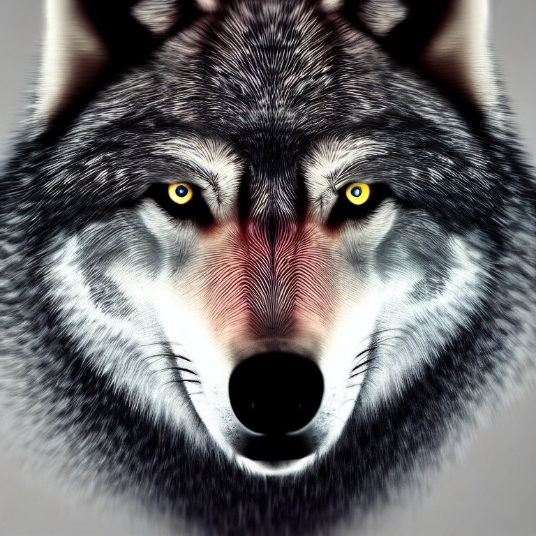 Symmetrical wolf's face with yellow eyes on gray background