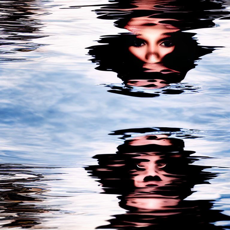 Distorted reflection of a face in rippling water for surreal effect