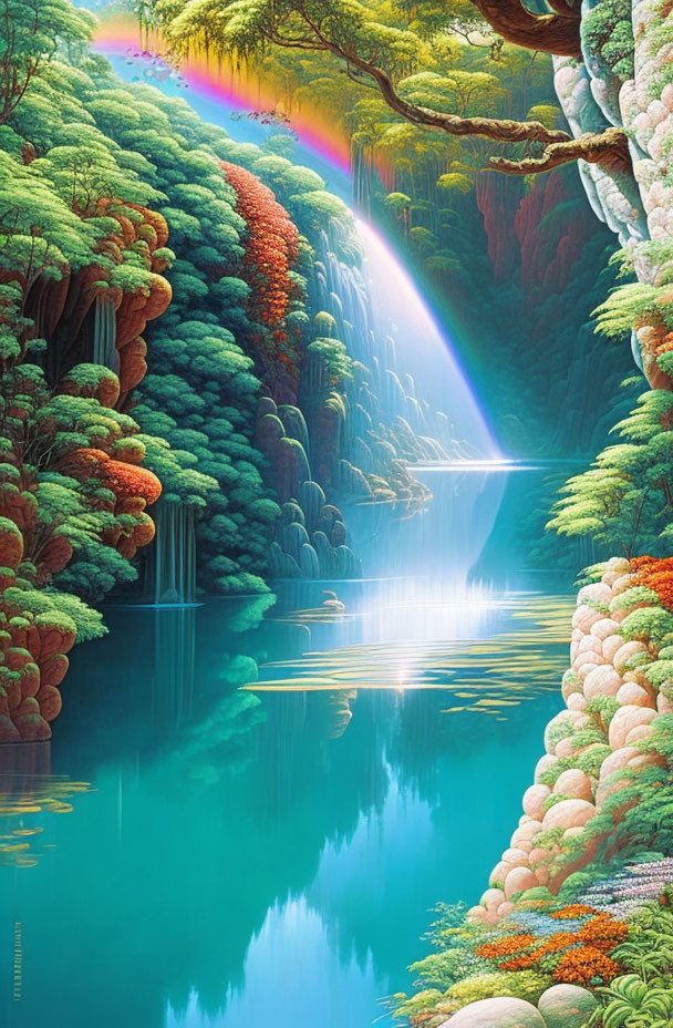 Colorful digital artwork: lush waterfall in fantasy forest with rainbow and serene lake