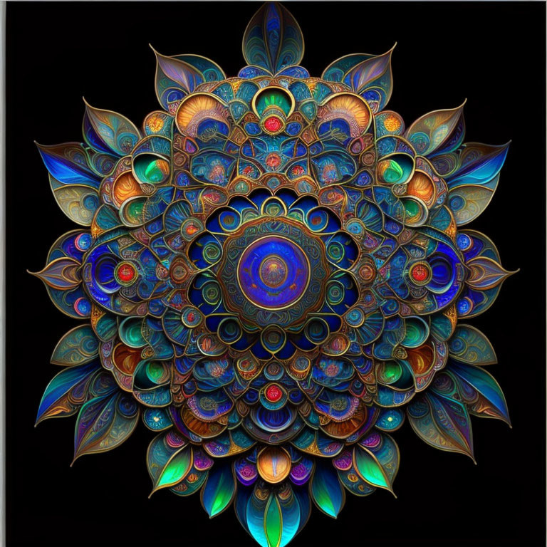 Intricate blue, gold, and green mandala on black background