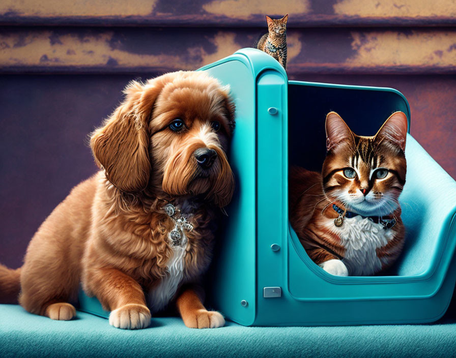 Brown dog, tabby cat, and bird in playful scene with teal bag.