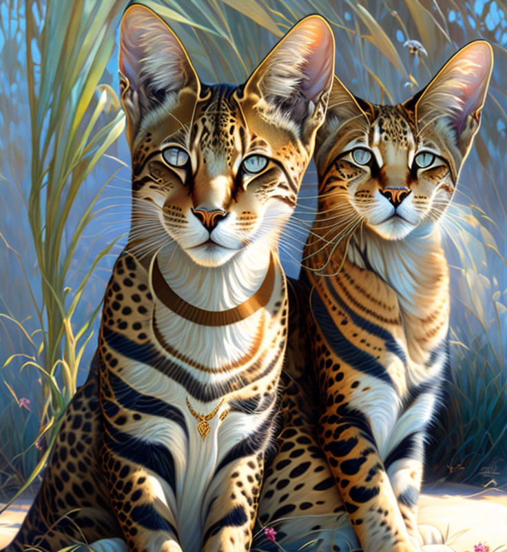 Illustration of two cats with leopard-like spots and blue eyes in tall grass