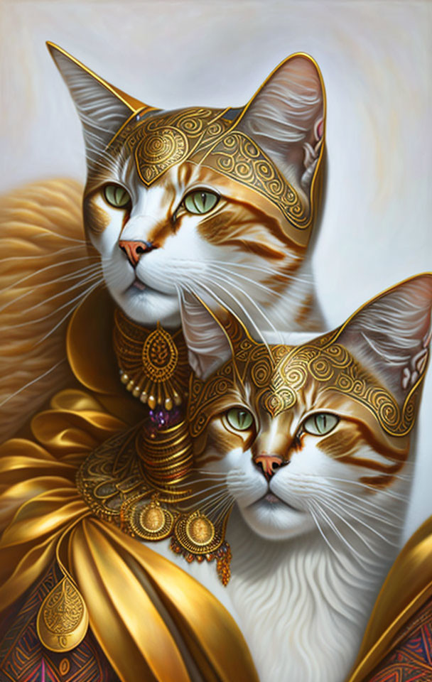 Stylized cats with golden headpieces and neck jewelry on soft background