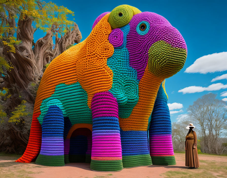 Giant Multicolored Crochet Elephant Sculpture Under Blue Sky