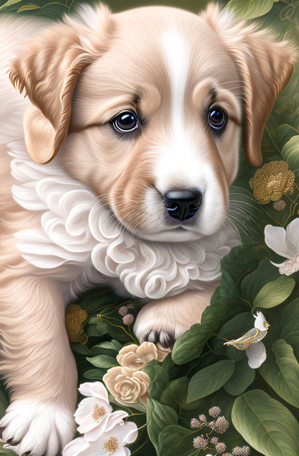 Fluffy Tan-and-White Puppy Surrounded by Green Leaves and White Flowers