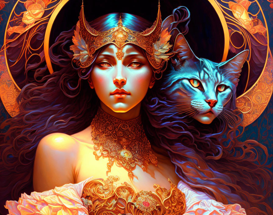 Illustrated woman with ornate headpiece and intense cat gaze in vibrant setting