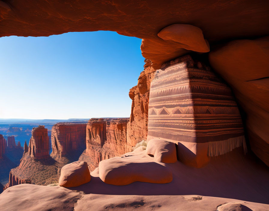 Desert cave opening with striated rocks under vast blue skies