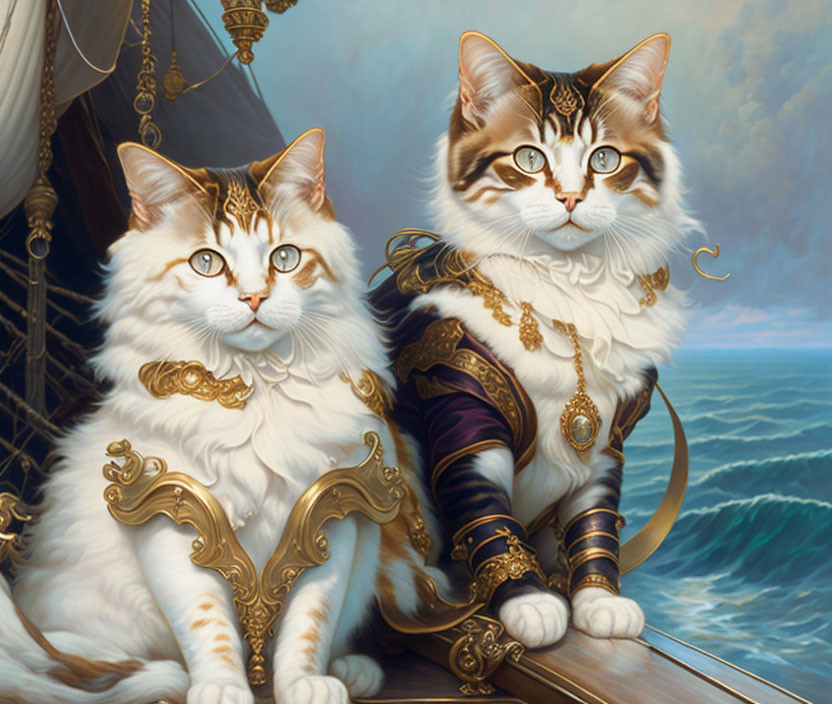 Regal cats in royal attire on ship deck by the sea