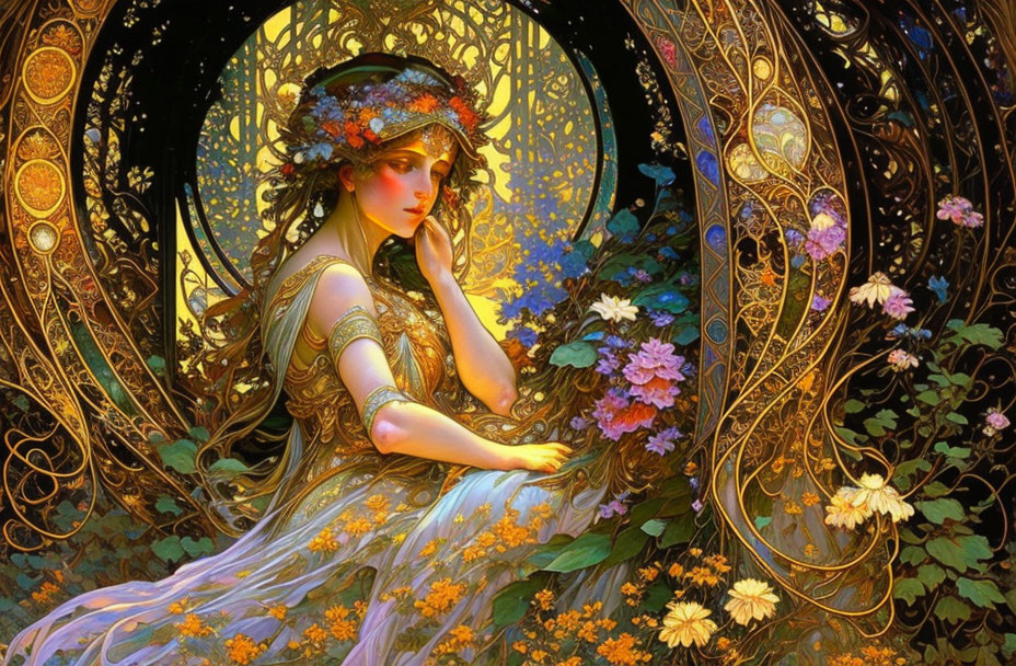 Woman in flowing gown with golden patterns and lush flowers in mystical Art Nouveau style