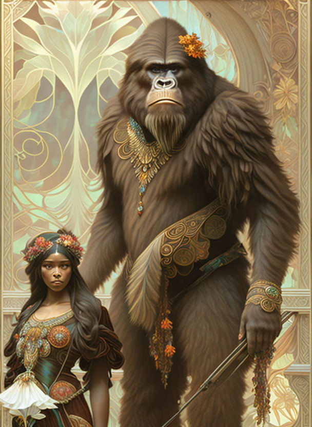 Fantasy illustration of solemn-faced woman and ornate gorilla-like creature in nature setting