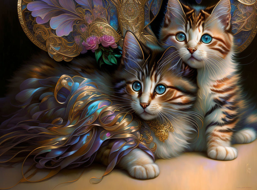 Fantastical kittens with blue eyes, feather adornments, and butterfly-like wings