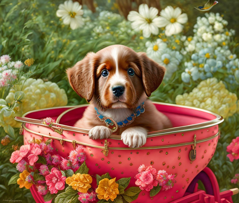 Brown and White Puppy in Pink Container Surrounded by Flowers