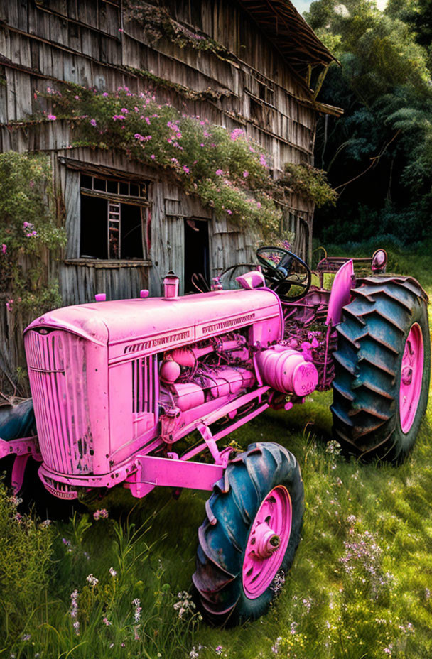 Pink vintage tractor in front of rustic barn with pink flowers