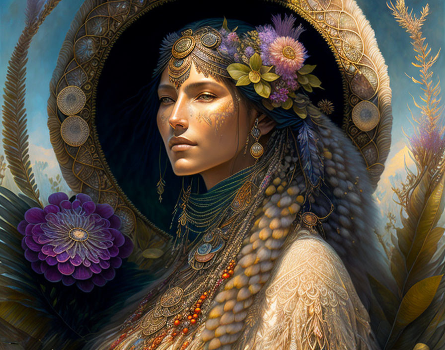 Woman in fantasy art style adorned with golden jewelry in wheat field