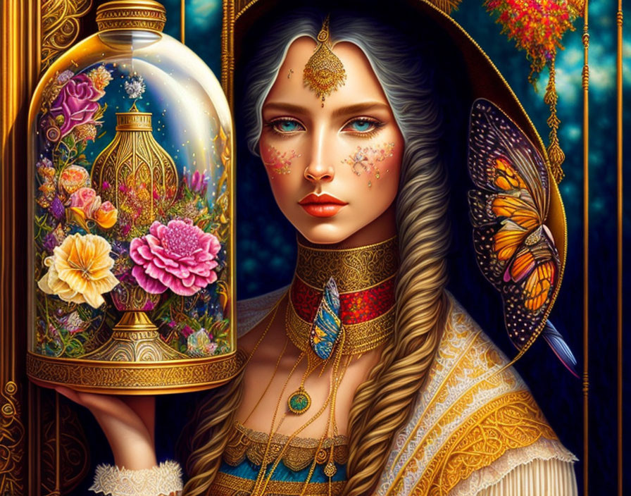 Digital artwork featuring woman with blue eyes, gold jewelry, butterfly, lantern, and flowers