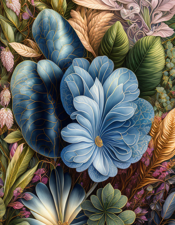 Colorful botanical illustration with central blue flower and intricate leaf patterns.