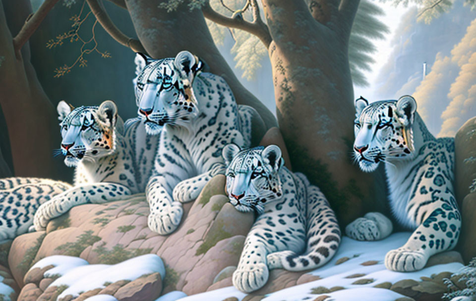 Snow leopards resting in rocky forest setting with sunlight filtering through.