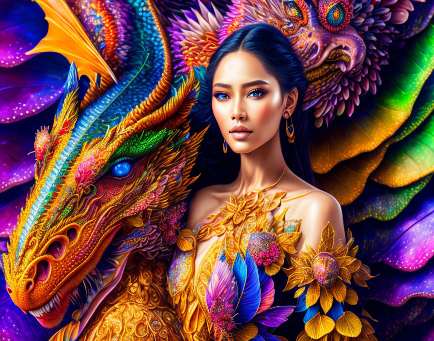 Woman with striking features and vibrant dragons in colorful, floral setting